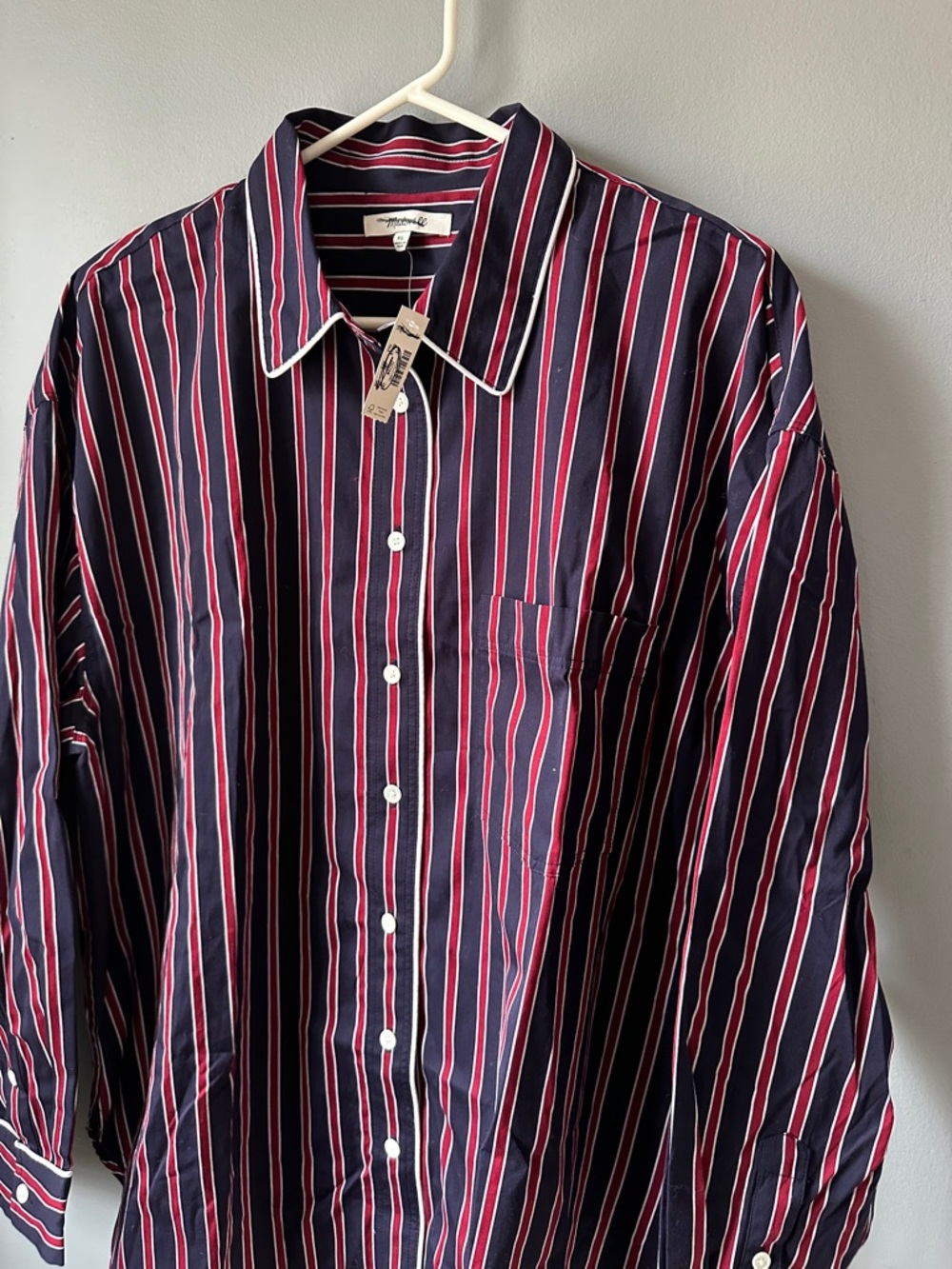 Madewell NWT long Button-Up Shirt in stripe poplin red blue women’s large - Picture 6 of 14